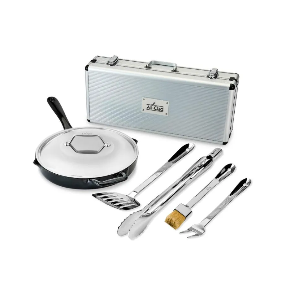 All-Clad Enameled Cast Iron 12 inch Skillet with Lid & 5 piece BBQ Tool Set