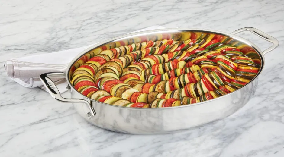 All-Clad 15-Inch Oval Baker with Red Pot Holders / Bake and Serve
