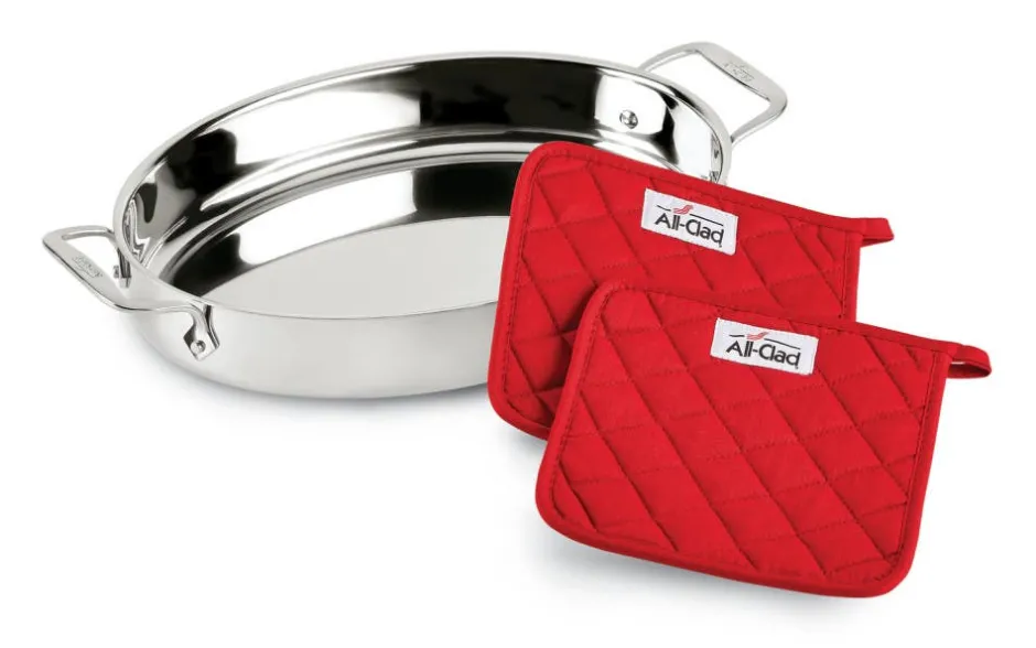 All-Clad 15-Inch Oval Baker with Red Pot Holders / Bake and Serve