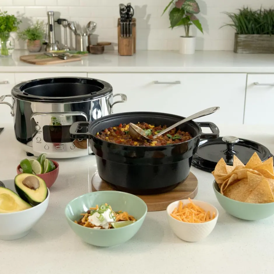 All-Clad Stainless Steel 6-in-1 Digital Slow Cooker with Enameled Cast Iron Pot; 5 quart